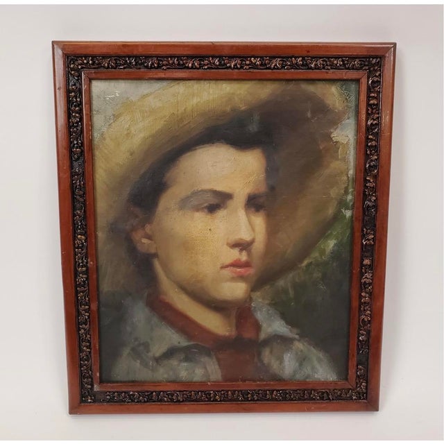 Antique Oil Portrait of a Young Boy in a Straw Hat For Sale - Image 16 of 18