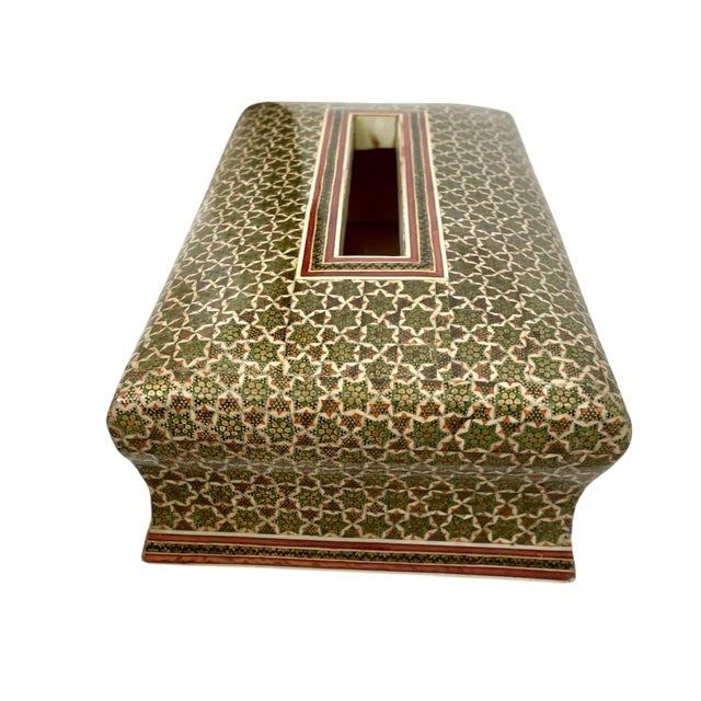 Handmade Khatam Inlay Wooden Tissue Box Cover Marquetry Mosaic Design For Sale - Image 4 of 9