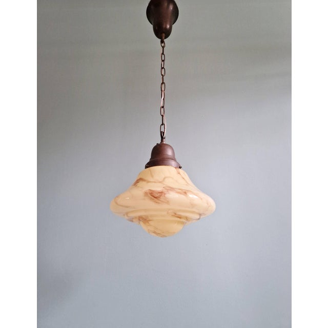Metal Art Deco Pendant Light in Marbled Opaline Glass from Scailmont Glassworks, Belgium, 1920s-1930s For Sale - Image 7 of 15