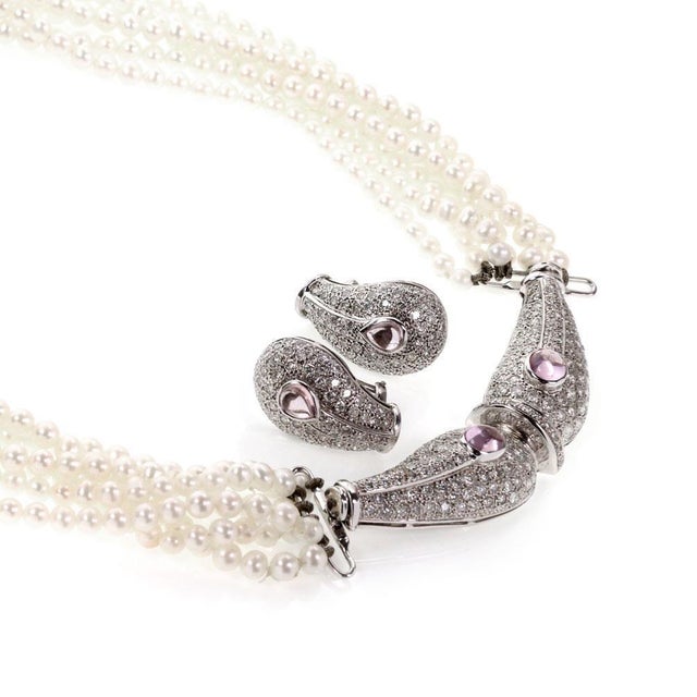 Estate 9.50ct Diamond Gem 14k Gold Pearl Necklace & Earring Set, 3 Pieces For Sale - Image 4 of 6