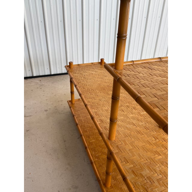 Contemporary Vintage Boho Faux Bamboo Style Tiered Shelf With Rattan Parquetry Weave For Sale - Image 3 of 12