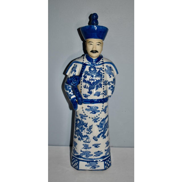 Asian Vintage Blue & White Porcelain Qing Emperor Statue For Sale - Image 3 of 12