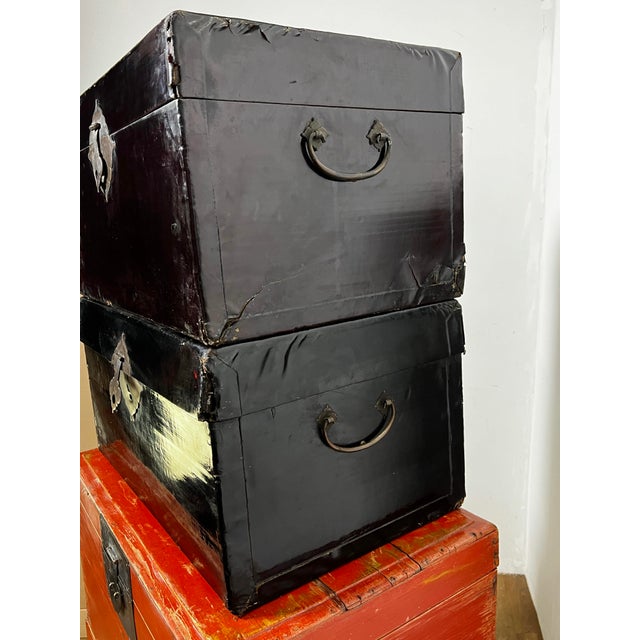 Wood Antique Chinese Chests, Lacquered Leather 'Vellum' and Wood - Set/4 For Sale - Image 7 of 12