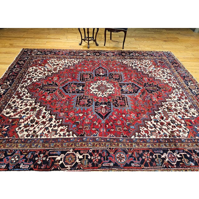 Red Vintage Persian Heriz Rug, Hand-Knotted Wool, Geometric Medallion Pattern, Red & Navy, 8x11 For Sale - Image 8 of 10