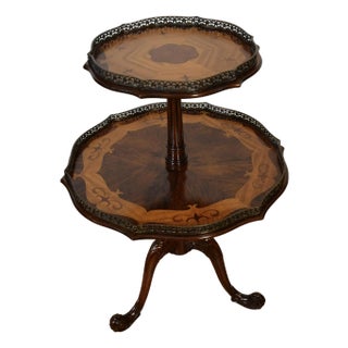 1930 French Louis XV Walnut & Satinwood Inlaid 2 Tier Side Table / End Table For Sale