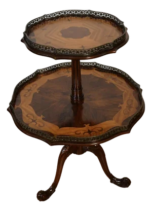 1930 French Louis XV Walnut & Satinwood Inlaid 2 Tier Side Table / End Table