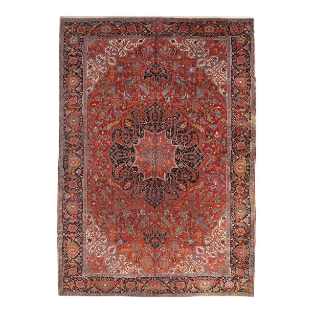 Antique Persian Heriz Carpet Handmade Wool Oriental Rug, Rust, Navy, Ivory, Gold For Sale