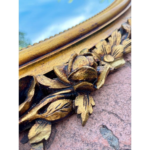 Oval 1940s Wall Mirror With Gold Frame And Floral Decoration In Louis XVI Style For Sale - Image 6 of 8