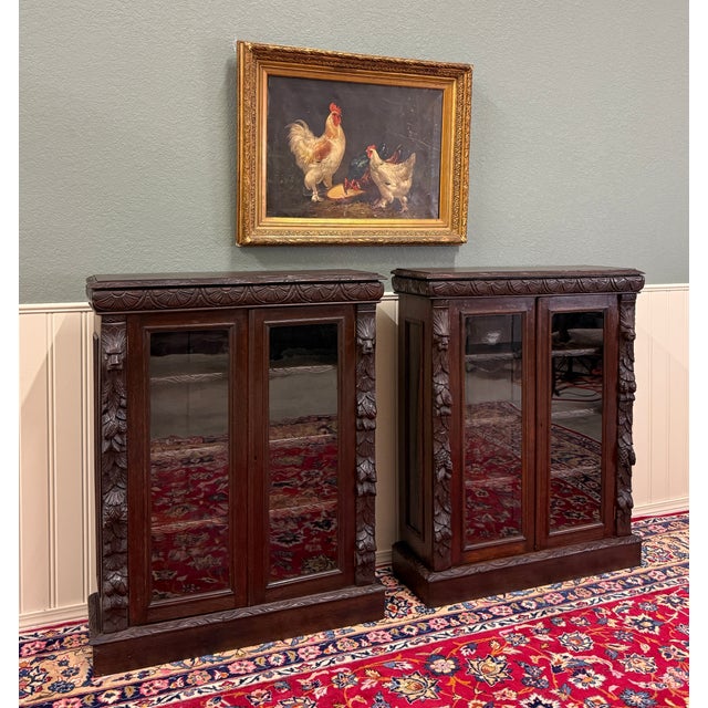 Wood Antique French Pair of Renaissance Carved Bookcases Display Cabinets Oak c.1900 For Sale - Image 7 of 18