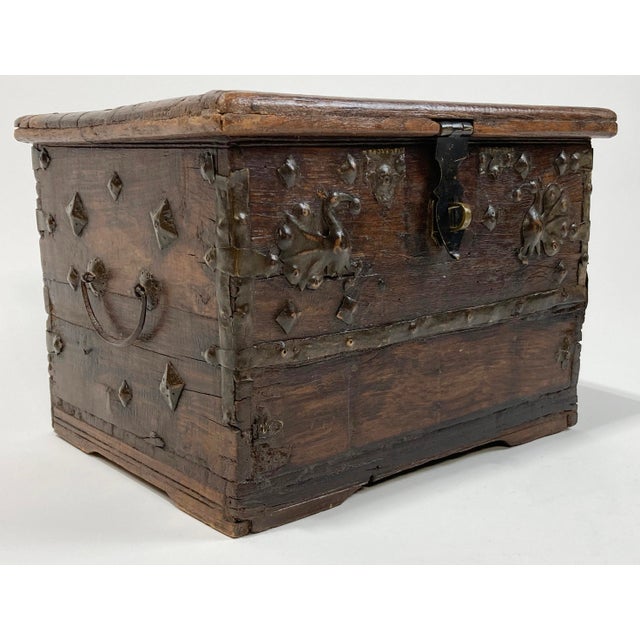 Large antique primitive hand made wood strong box with metal rivet and Dhokra bird decorative embellishments. Metal...