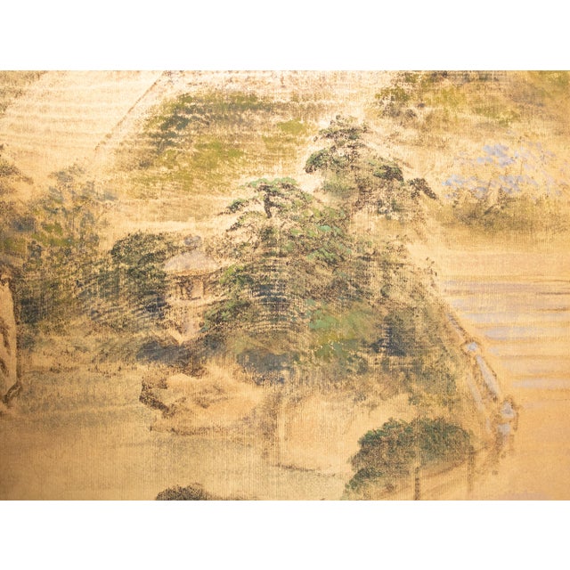 1950s Showa Era Japanese Painted Byobu Screen "Landscape With Temple" For Sale - Image 10 of 17