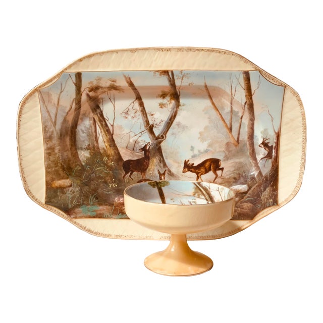 19th Century Magnificent Limoges Game Platter With Compote - Hand-Painted Forest Scene For Sale