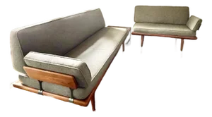 1950s Minerva Teak Sofa Set by Hvidt & Mølgaard-Nielsen — 2-Piece France & Son Labeled Set + Matching Teak Table, Grey Piped Cushions