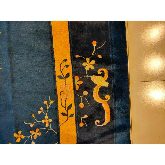 Wool Large Blue Floral Medallion Rectangle Hand Knotted Pile Antique 1930s Rug For Sale - Image 4 of 8