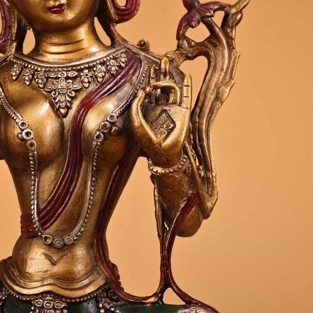 Metal Large Vintage Gilt Bronze Green Tara Statue - Tibetan Himalayan Buddhist Sculpture For Sale - Image 7 of 10