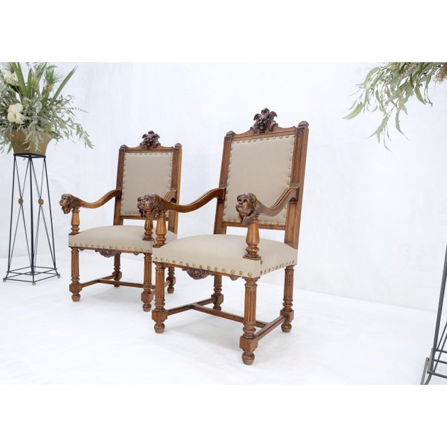 Pair Antique Heavily Carved Walnut Cherub North Wind Faces Arm Chairs New Uphols For Sale - Image 4 of 18