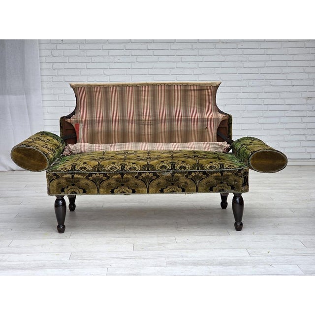 Wood Vintage Danish Two-Seater Drop Arm Sofa in Green Furniture Velour, 1930s For Sale - Image 7 of 18