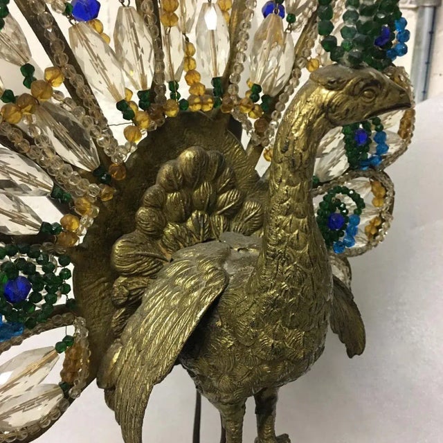 Metal Art Deco Czech Bronze and Crystal Beaded Peacock Table Lamp For Sale - Image 7 of 13