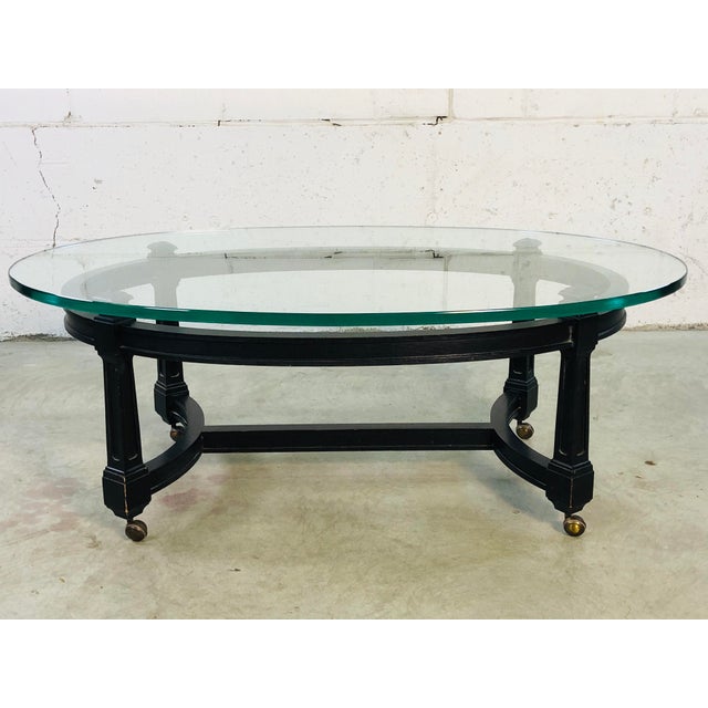 Vintage Oval Glass Top & Black Wood Coffee Table Chairish