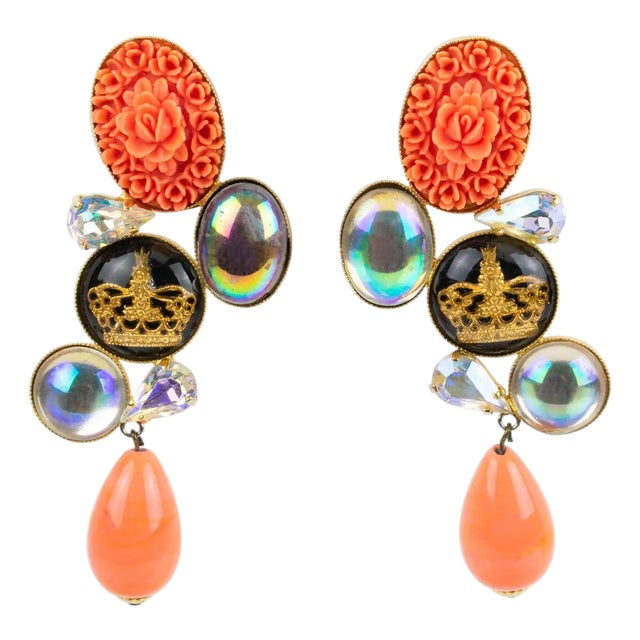 Zoe Coste Faux-Coral and AB Crystal Dangle Earrings For Sale