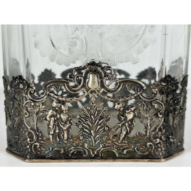 Antique Hanau Silver Mounted Etched Glass Decanter: French Rococo, Georg Roth & Co. For Sale - Image 4 of 10
