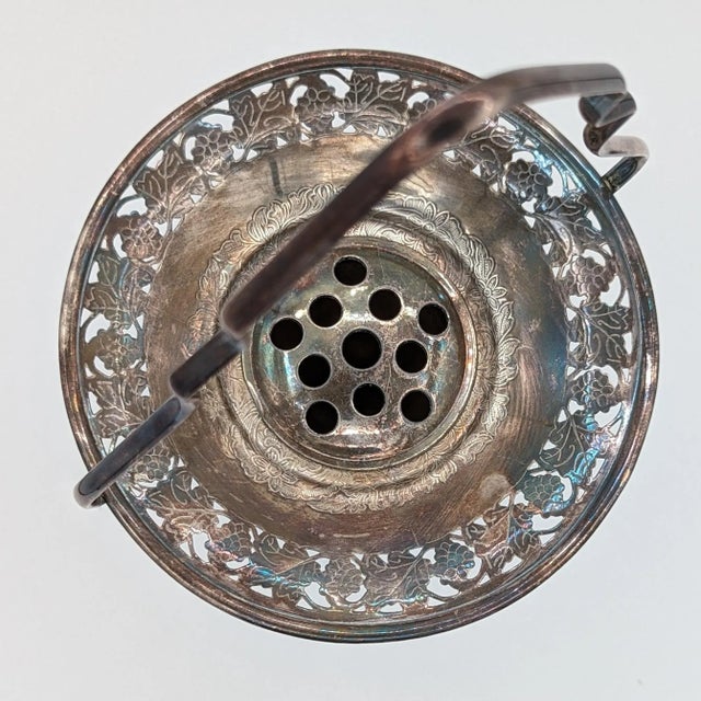Victorian Antique Silver Plated Reticulated Stem Vase Flower Basket With Lead Weighted Flower Frog and Handle, Made in Canada For Sale - Image 3 of 11