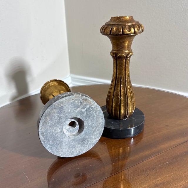 Wood Vintage Gold Tone Candlestick Holders Pair Elegant Fluted Design Hollywood Regency Style Decor For Sale - Image 7 of 7