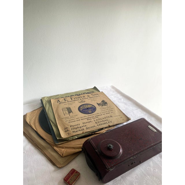 1930s Thorens Excelda Portable Gramophone, Original Columbia Needles & 10 Shellac Records For Sale - Image 13 of 14