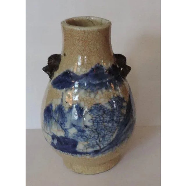 19th Century Chinese Blue & White Crackle Glaze Porcelain Landscape Decoration & Foo Dog Handle Vase For Sale - Image 4 of 11