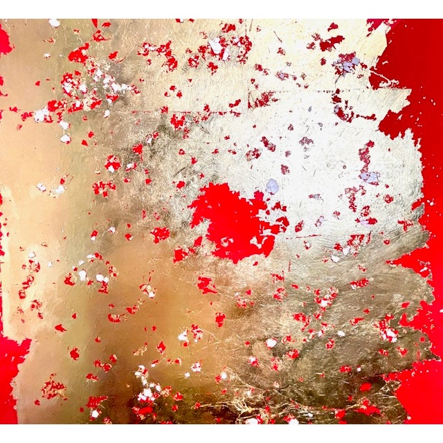 Brilliant red colored art craft paper with gold leaf, eggshell and wax applied professionally matted and framed in a gold...