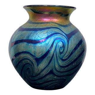Signed Lundberg Studios Iridescent Art Glass Vase For Sale