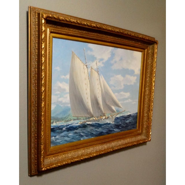 Yacht Oil Painting Sailing Off Bora Bora Louis Macouillard 1913-1987 Gilt Frame For Sale - Image 12 of 15