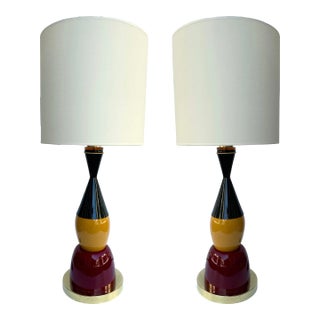 Contemporary Pair of Brass Murano Glass and Lacquered Metal Cone Lamps, Italy For Sale