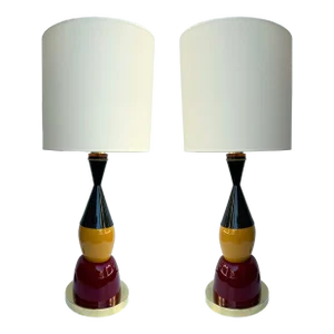 Contemporary Pair of Brass Murano Glass and Lacquered Metal Cone Lamps, Italy