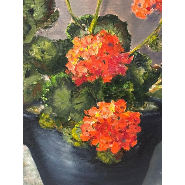 Late 20th Century "Big Reds" by Toni Conway - Red Geranium Still Life Oil Painting For Sale - Image 4 of 11