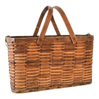 Vintage Antique Woven Wood Gathering Basket With Metal Lining and Handles For Sale