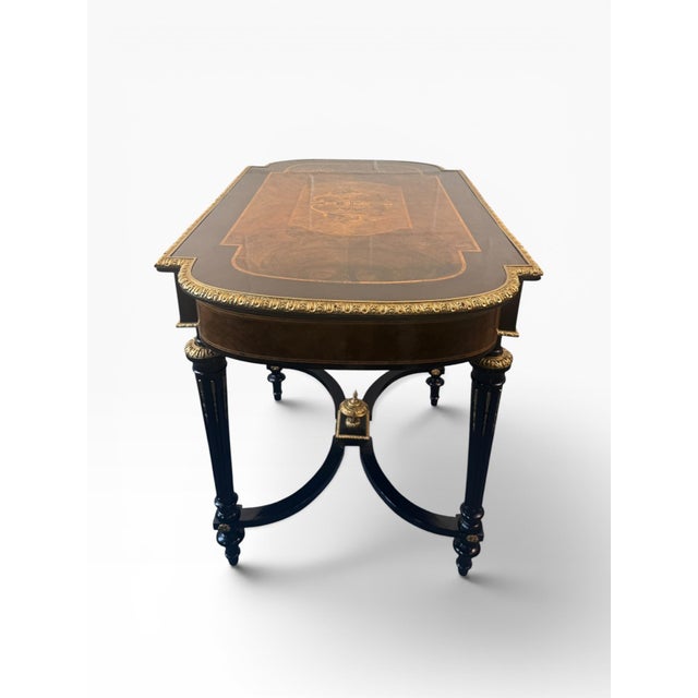 Late 20th Century French Neoclassical Style Burlwood Writing Desk With Gilt Bronze Style Accents For Sale - Image 4 of 14