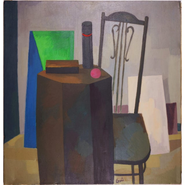 Ev Grüger, Interior with Chair and Geometric Figures, 1958, Oil on Canvas, Framed For Sale - Image 4 of 6
