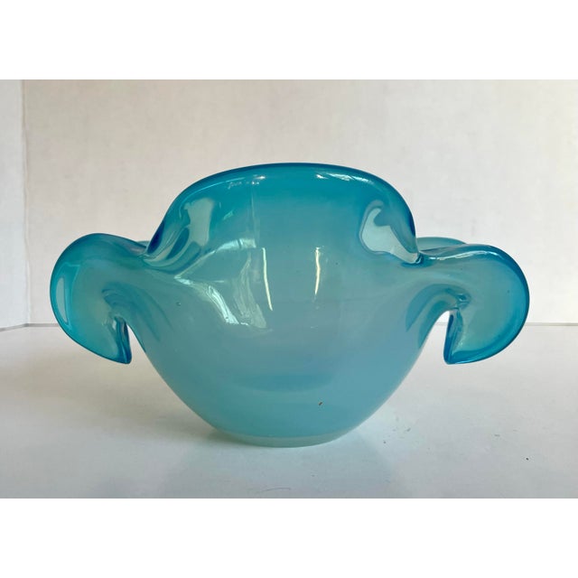 Here is a vintage hand-blown aqua opaline art glass sculptural bowl, likely dating to the later mid-20th century....