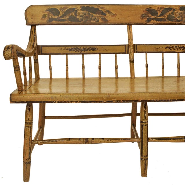 Wood Antique American Federal Baltimore Painted Spindled Windsor Bench Settee 1820 For Sale - Image 7 of 11