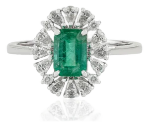 Natural Emerald Pear Diamond Halo Art Deco Ring Size 4 in 14k White Gold