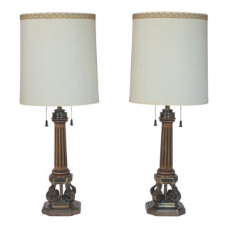 Tall Pair of Wood & Brass Stiffel Table Lamps With Original Shades For Sale