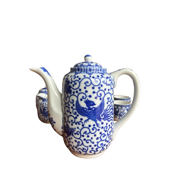 Japanese Lot 12 Pieces Blue Phoenix Bird Japan Teapot Sugar Bowl Creamer Teacups Plates For Sale - Image 3 of 6