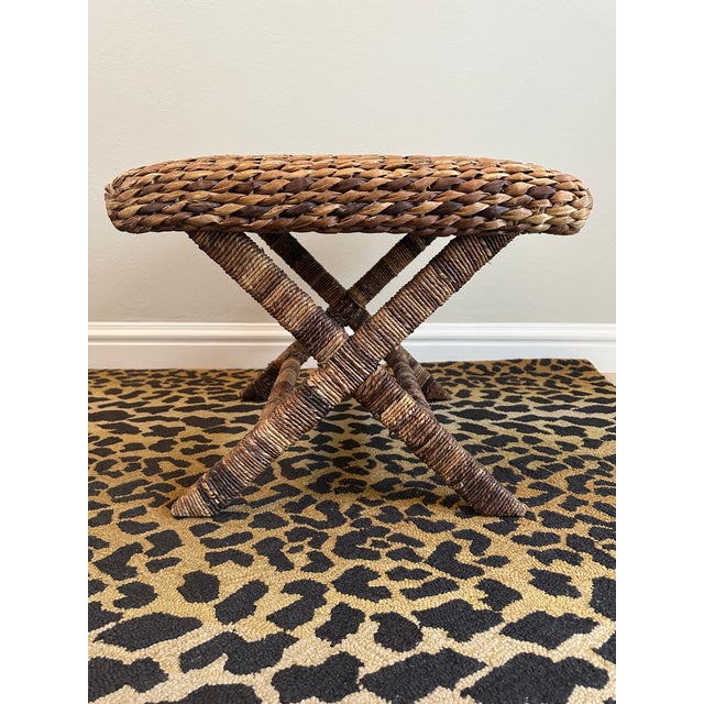 Vintage Rattan & Natural Seagrass Woven Over Wood X Benches - A Pair For Sale - Image 9 of 17