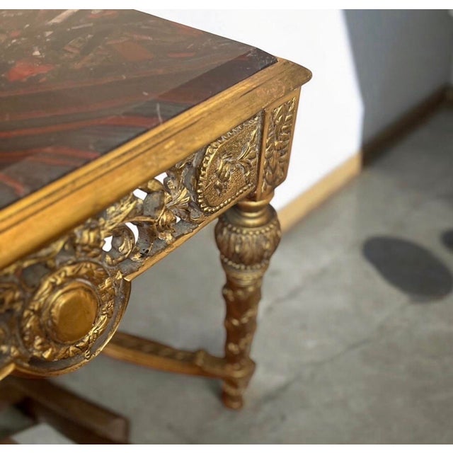 French Provincial 1990s Vintage Rococo Italian Ornate Bronze Wood Granite Console Accent Table For Sale - Image 3 of 9