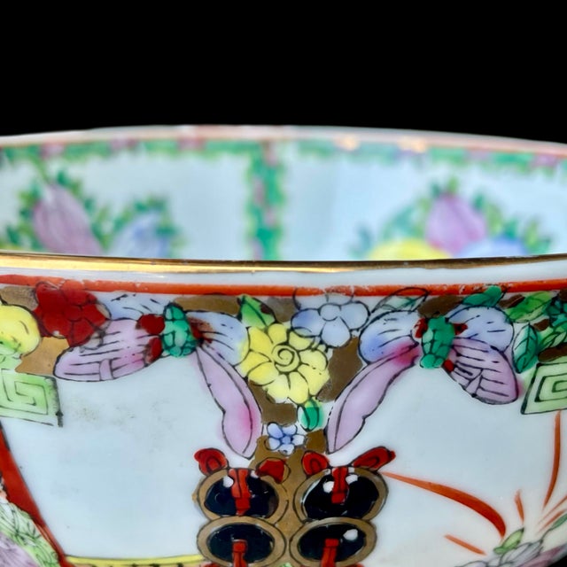Art Deco Vintage Chinese Famille Rosé Large Hand-Painted Ceramic Punch Bowl With Gold Gilt Trim For Sale - Image 3 of 11