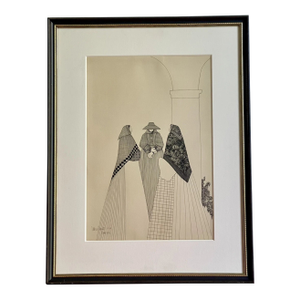Pen & Ink Drawing Signed Luis Valdez Ibiza 1976 Minimalist Art Modernism Spain, Framed