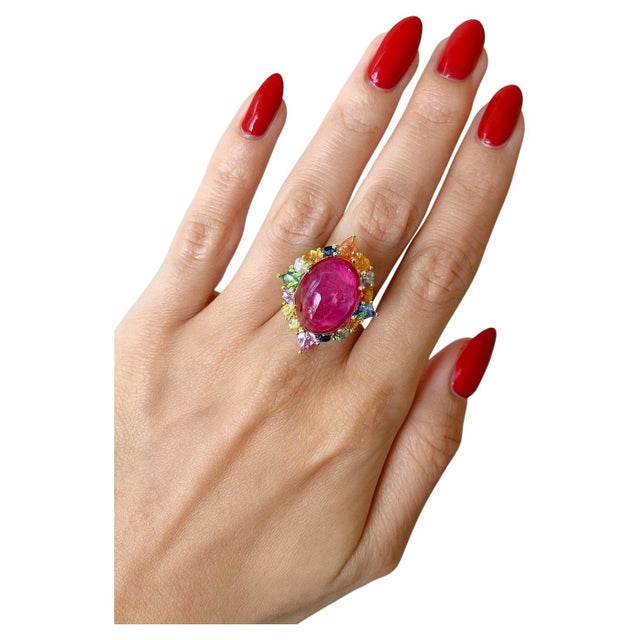 Baroque Bochic “Capri” Vintage Ruby & Multi Sapphire Ring Set In 18K Gold & Silver For Sale - Image 3 of 11