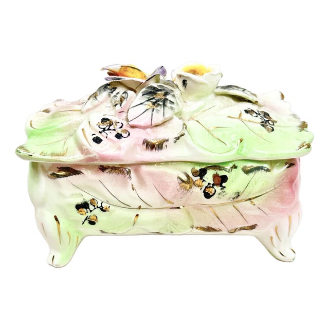 Vintage Hand Painted Floral Ceramic Box For Sale