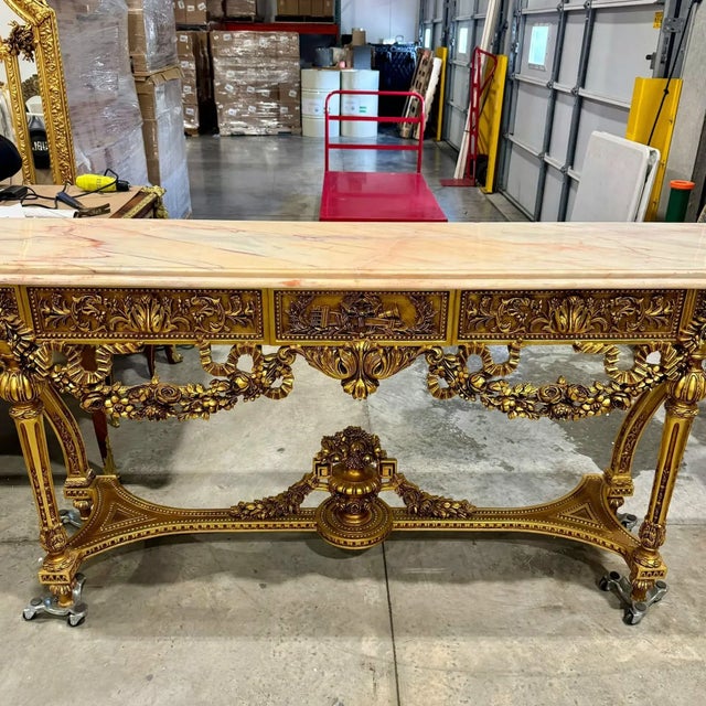 French Louis XVI Console Table – Marble Top With Elegant Gold Leaf Details For Sale In Miami - Image 6 of 11